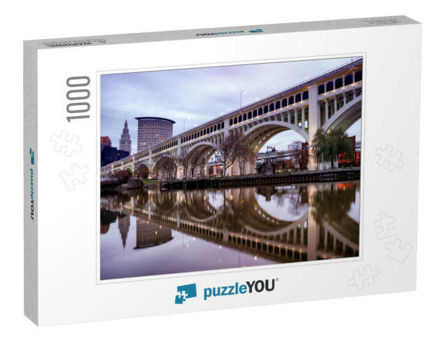 Detroit Superior Bridge Over Cuyahoga River & Downtown Sk... Jigsaw Puzzle with 1000 pieces