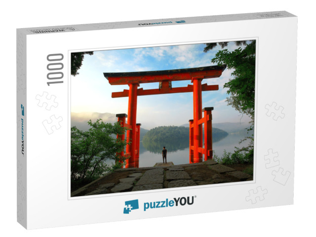 Tourist At Red Torii Gate of Hakone Shrine Located on Lak... Jigsaw Puzzle with 1000 pieces