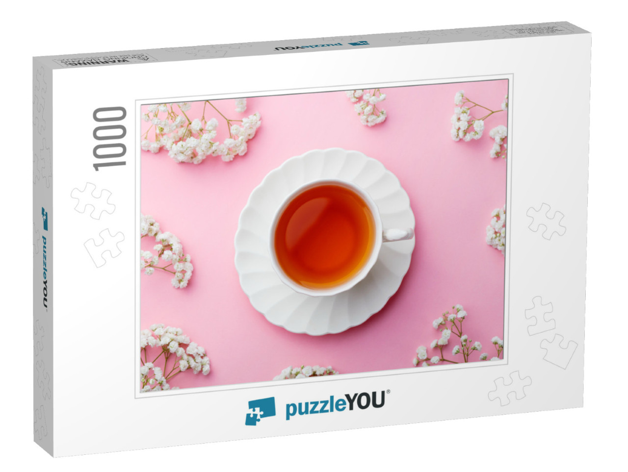 Cup of Tea with Fresh Flowers on Pink Background. Top Vie... Jigsaw Puzzle with 1000 pieces