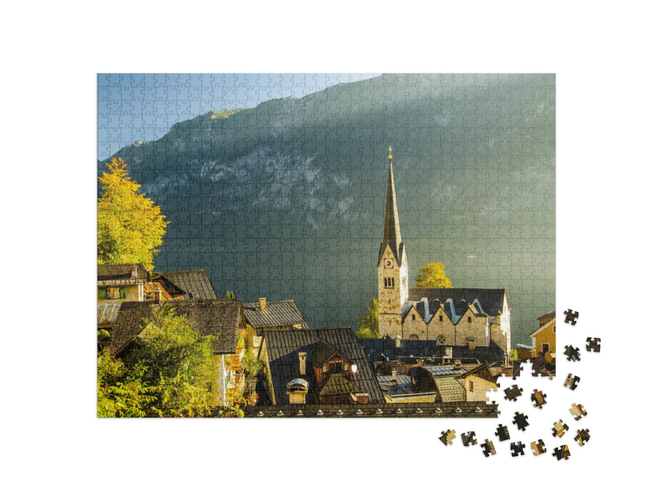 Sunset View of Hallstatt Hallstadt with Blue Sky Above, A... Jigsaw Puzzle with 1000 pieces