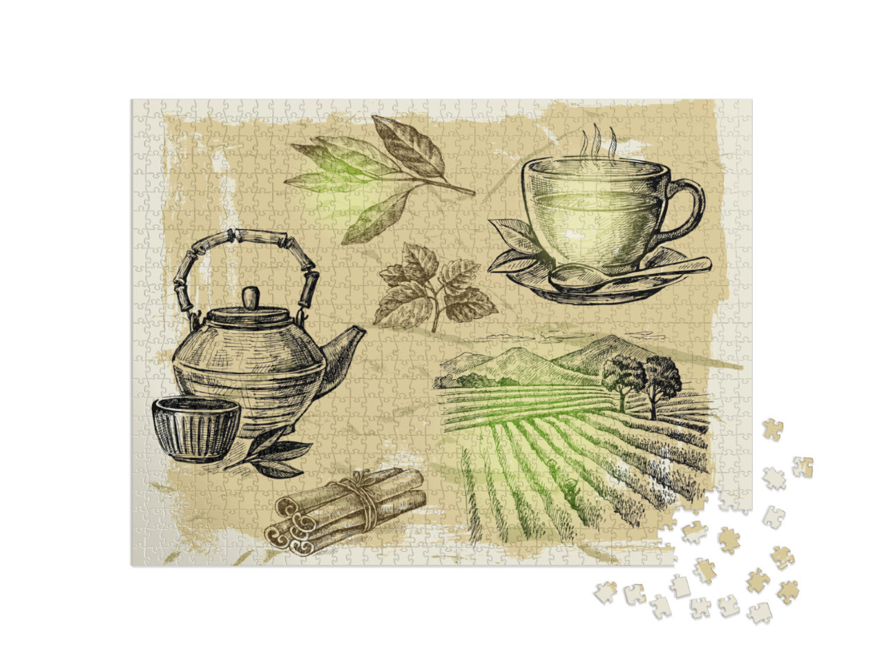 Vector Hand Drawn Tea on Paint Background... Jigsaw Puzzle with 1000 pieces