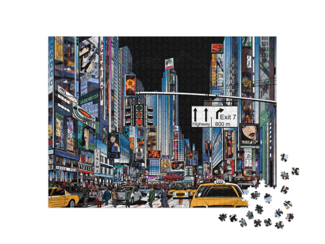 Vector Illustration of a Street in New York City At Night... Jigsaw Puzzle with 1000 pieces