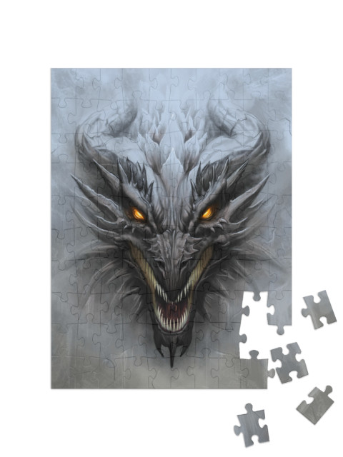 Dragon Head on the Gray Stone Background. Digital Paintin... Jigsaw Puzzle with 100 pieces