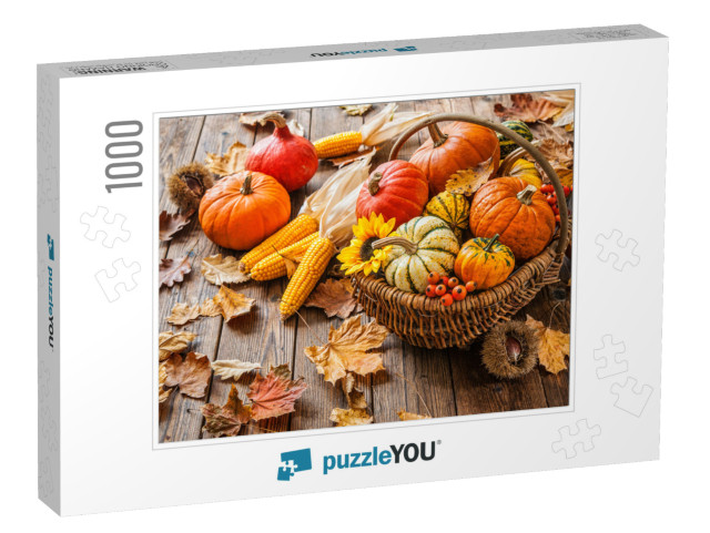 Autumn Still Life with Pumpkins, Corncobs & Leaves on Woo... Jigsaw Puzzle with 1000 pieces