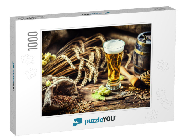 Glass of Fresh Cold Beer in Rustic Setting. Food & Bevera... Jigsaw Puzzle with 1000 pieces