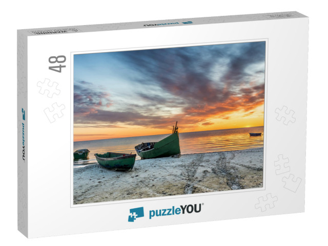 Anchored Fishing Boat on Sandy Beach of the Baltic Sea... Jigsaw Puzzle with 48 pieces