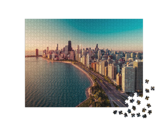 Chicago Skyline Aerial View with Sunrise Above Downtown B... Jigsaw Puzzle with 1000 pieces