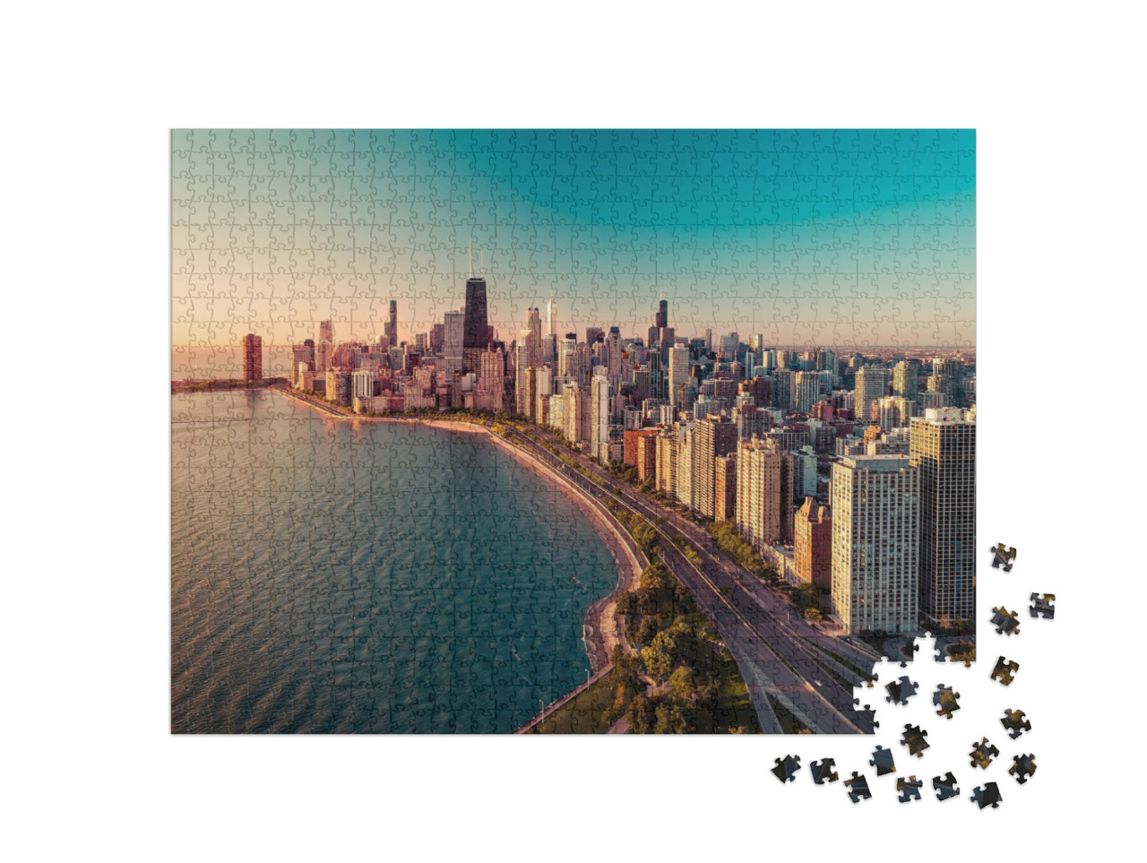 Chicago Skyline Aerial View with Sunrise Above Downtown B... Jigsaw Puzzle with 1000 pieces