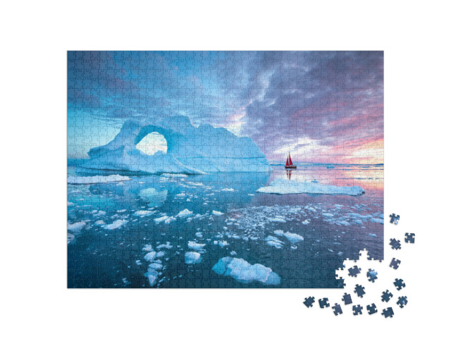 Little Red Sailboat Cruising Among Floating Icebergs in D... Jigsaw Puzzle with 1000 pieces