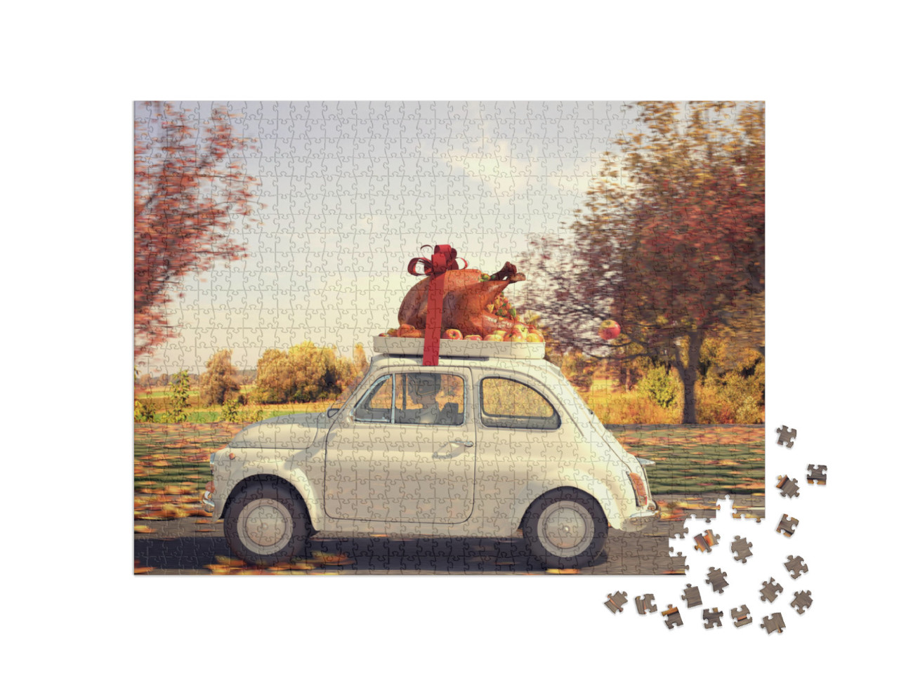 3D Rendering. Woman Driving with Big Turkey on Car Roof... Jigsaw Puzzle with 1000 pieces