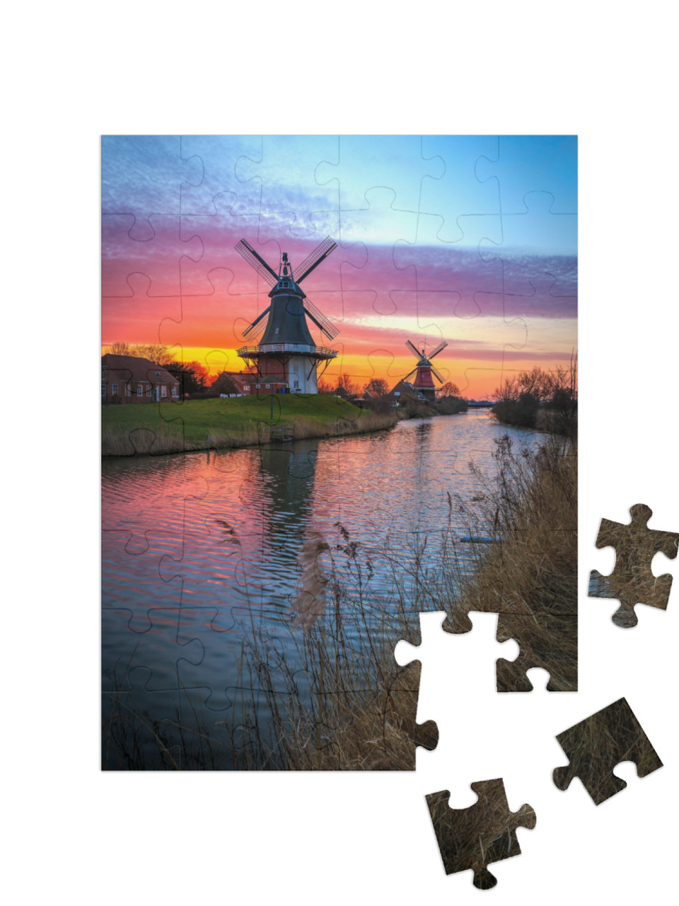 The Famous Twin Mills of Greetsiel, East Frisia At Sunris... Jigsaw Puzzle with 48 pieces