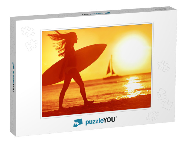 Surfing Surfer Woman Babe Beach Fun At Sunset. Girl Walki... Jigsaw Puzzle