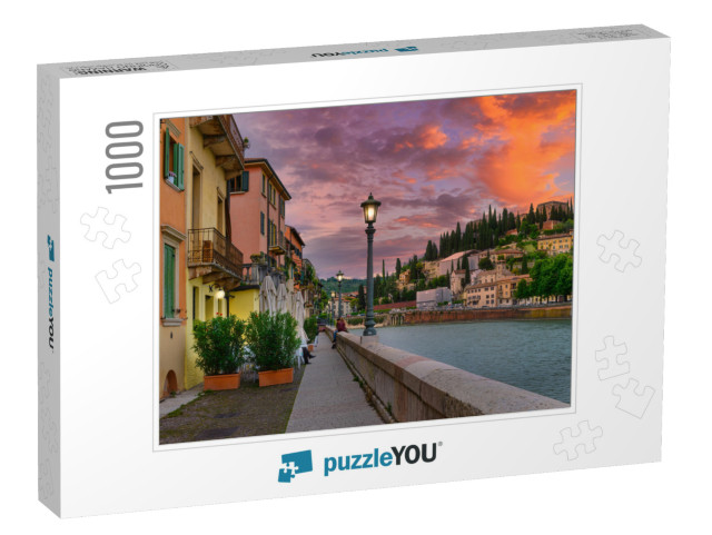 Embankment of Adige River in Verona, Italy. Sunset Citysc... Jigsaw Puzzle with 1000 pieces