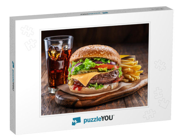 Delicious Hamburger with Cola & Potato Fries on a Wooden... Jigsaw Puzzle