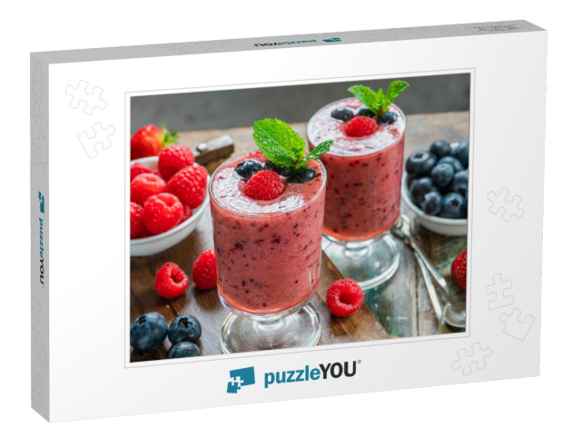 Mixed berry smoothie garnished with fresh fruit an Jigsaw Puzzle