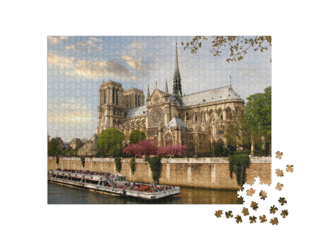 Paris, Notre Dame with Boat on Seine, France... Jigsaw Puzzle with 1000 pieces