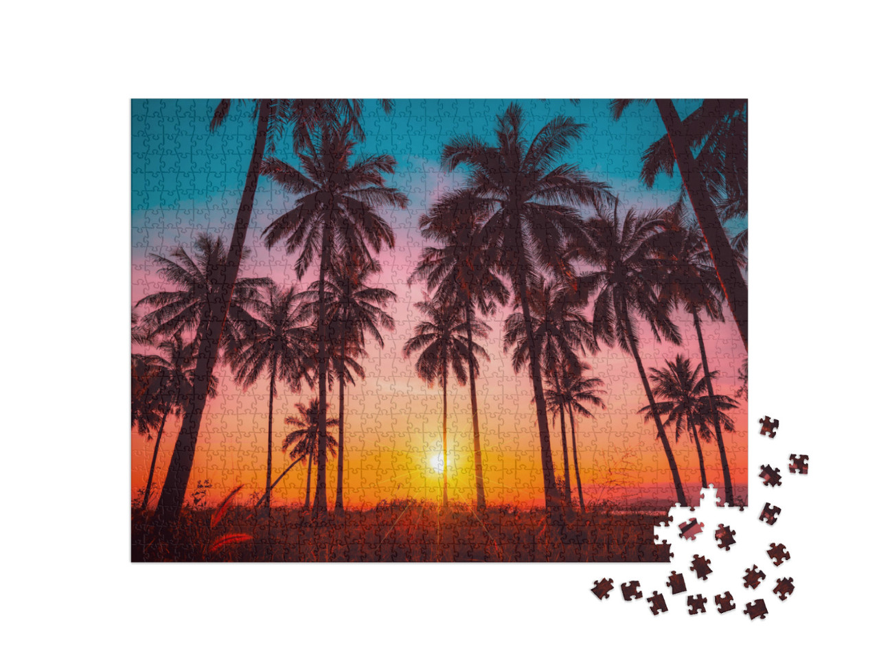 Silhouette Coconut Palm Trees on Beach At Sunset. Vintage... Jigsaw Puzzle with 1000 pieces