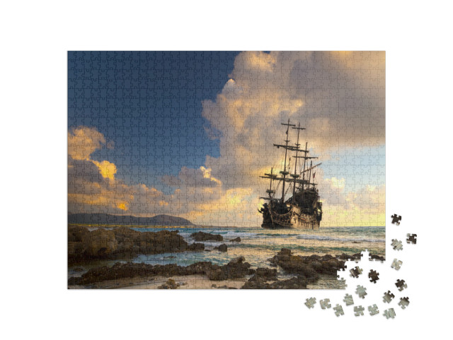 Pirate Ship At the Open Sea At the Sunset... Jigsaw Puzzle with 1000 pieces