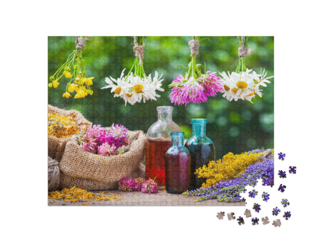 Healing Herbs Bunches, Bottle of Oil or Tincture, Hessian... Jigsaw Puzzle with 1000 pieces