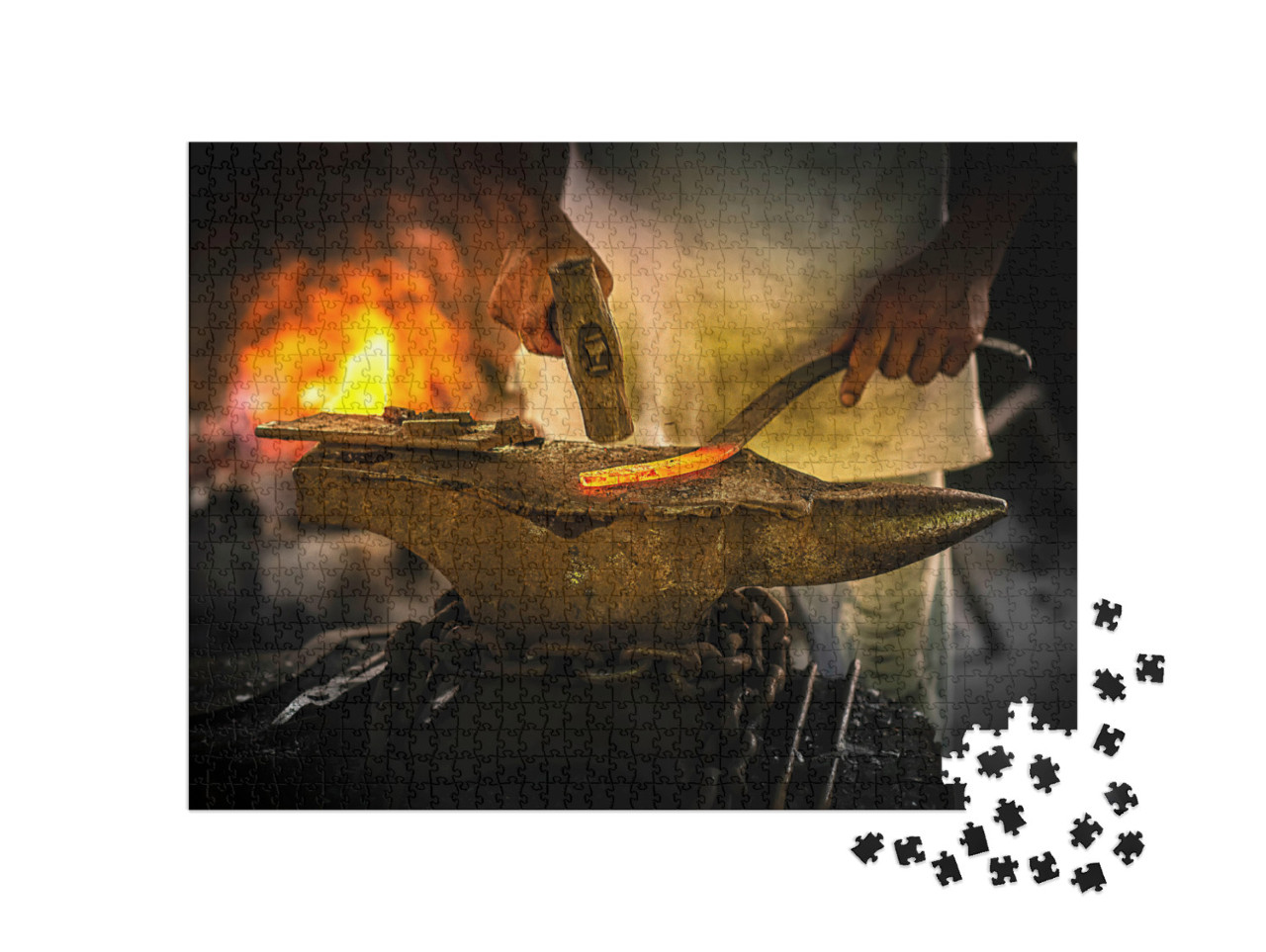 Black Smith, Iron Smith Hitting Hot Steel on an Anvil in... Jigsaw Puzzle with 1000 pieces