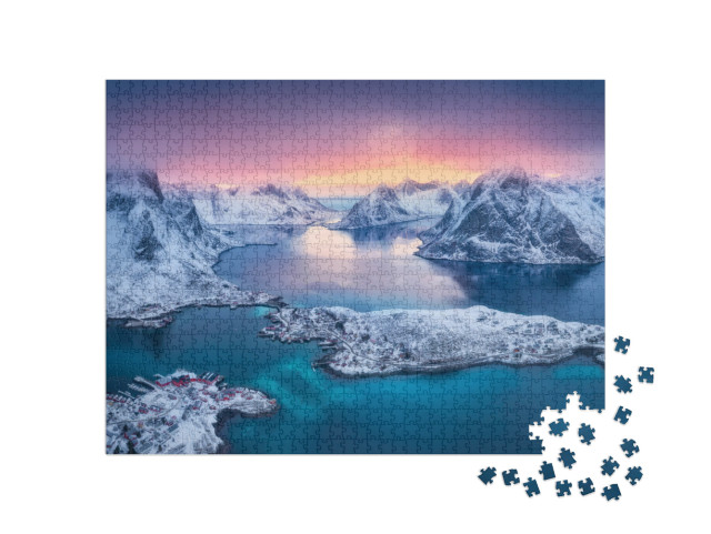 Aerial View of Reine At Sunset in Winter. Top View of Lof... Jigsaw Puzzle with 1000 pieces