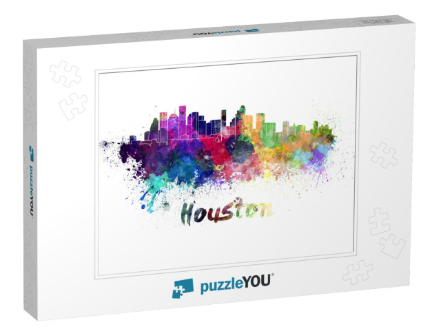 Houston Skyline in Watercolor Splatters with Clipping Pat... Jigsaw Puzzle