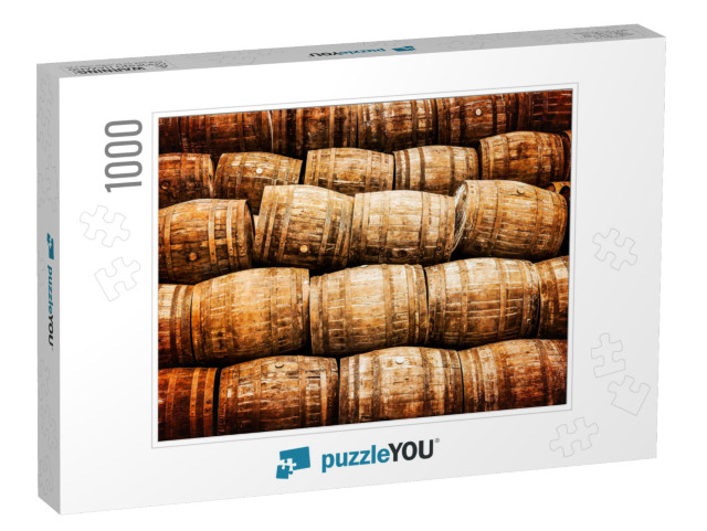 Stacked Pile of Old Whisky & Wine Wooden Barrels in Vinta... Jigsaw Puzzle with 1000 pieces