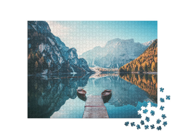 Boats on the Braies Lake Pragser Wildsee in Dolomites Mou... Jigsaw Puzzle with 1000 pieces