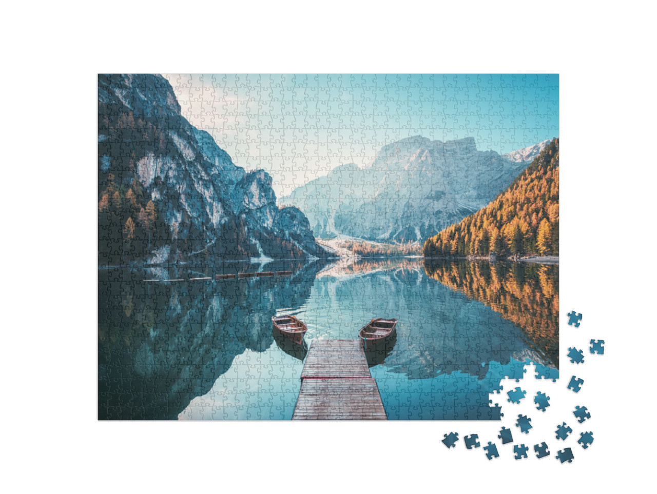 Boats on the Braies Lake Pragser Wildsee in Dolomites Mou... Jigsaw Puzzle with 1000 pieces