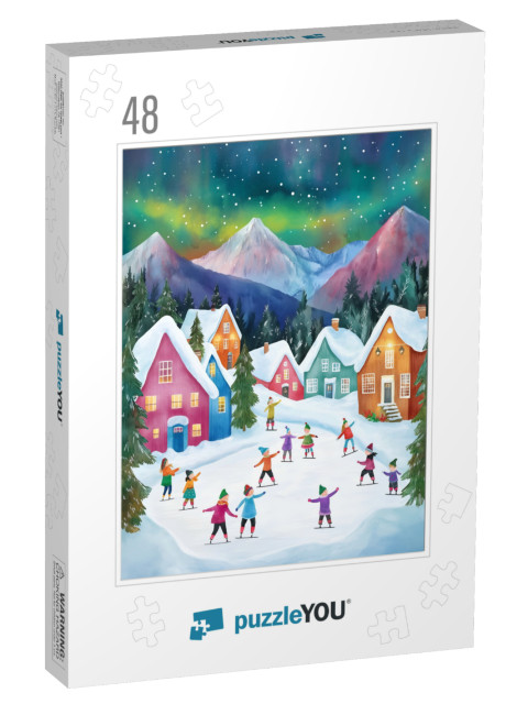 Children Ice Skating in the Magical Winter Wonderland Jigsaw Puzzle with 48 pieces