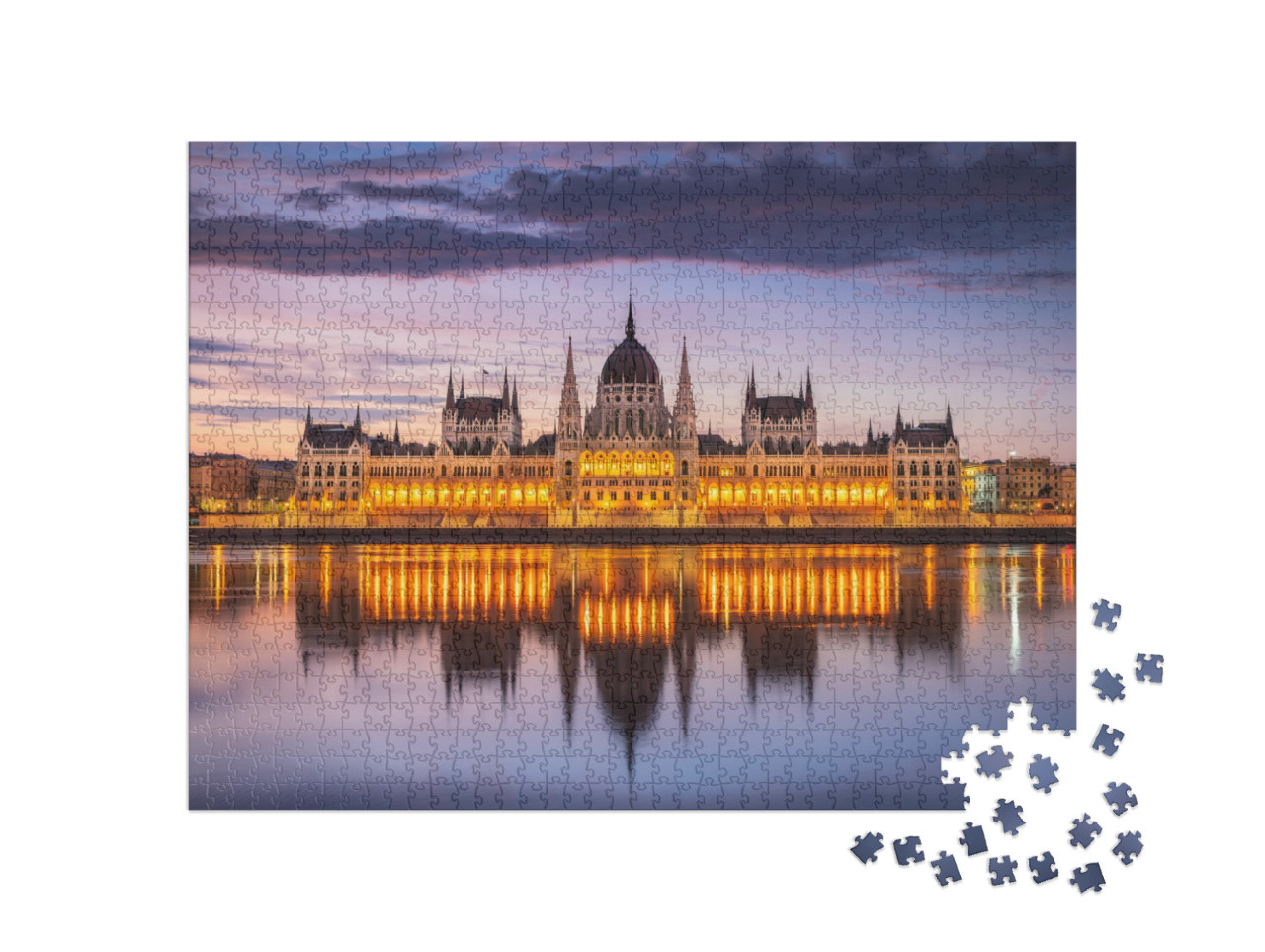 Hungarian Parliament with the Lights on from Across the D... Jigsaw Puzzle with 1000 pieces