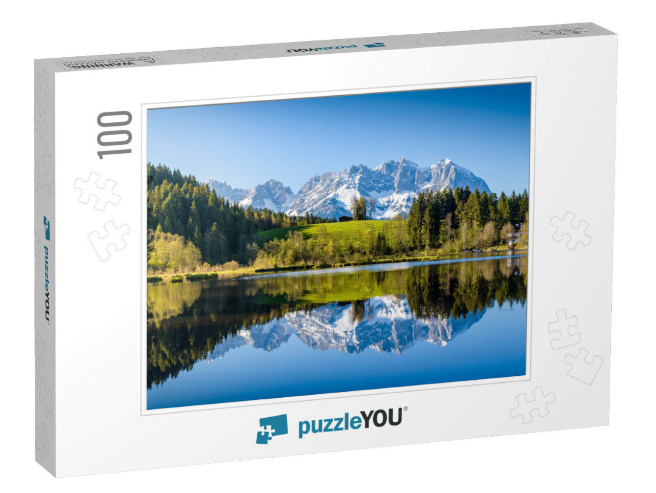 Idyllic Alpine Scenery, Snowy Mountains Mirroring in a Sm... Jigsaw Puzzle with 100 pieces