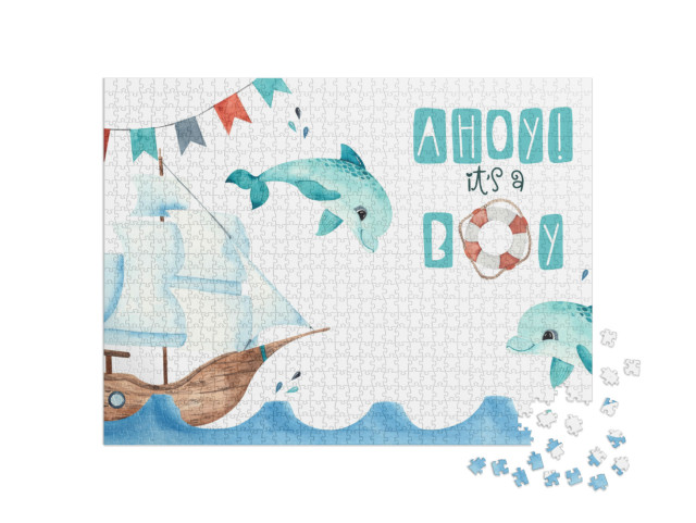 Watercolor Nautical Baby Shower Card with Sailboat... Jigsaw Puzzle with 1000 pieces