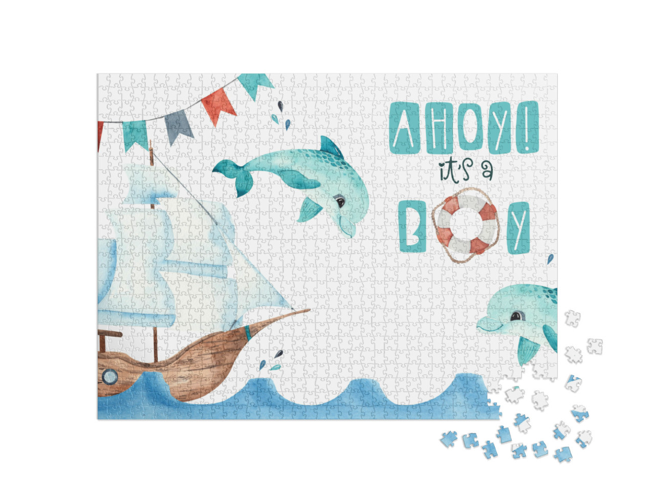 Watercolor Nautical Baby Shower Card with Sailboat... Jigsaw Puzzle with 1000 pieces