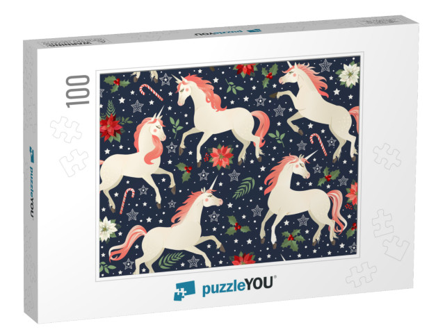 Middle Ages Print Unicorns on a Christmas Floral Backgrou... Jigsaw Puzzle with 100 pieces