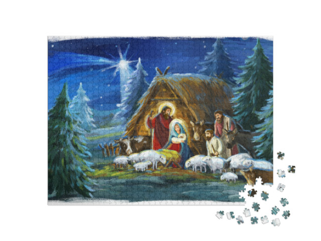 Traditional Christmas Scene with Holy Family & Animals... Jigsaw Puzzle with 1000 pieces