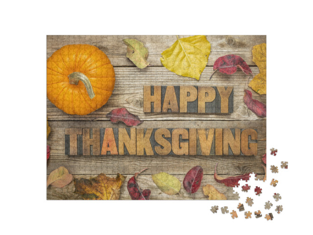 Happy Thanksgiving - Text in Vintage Letterpress Wood Typ... Jigsaw Puzzle with 1000 pieces