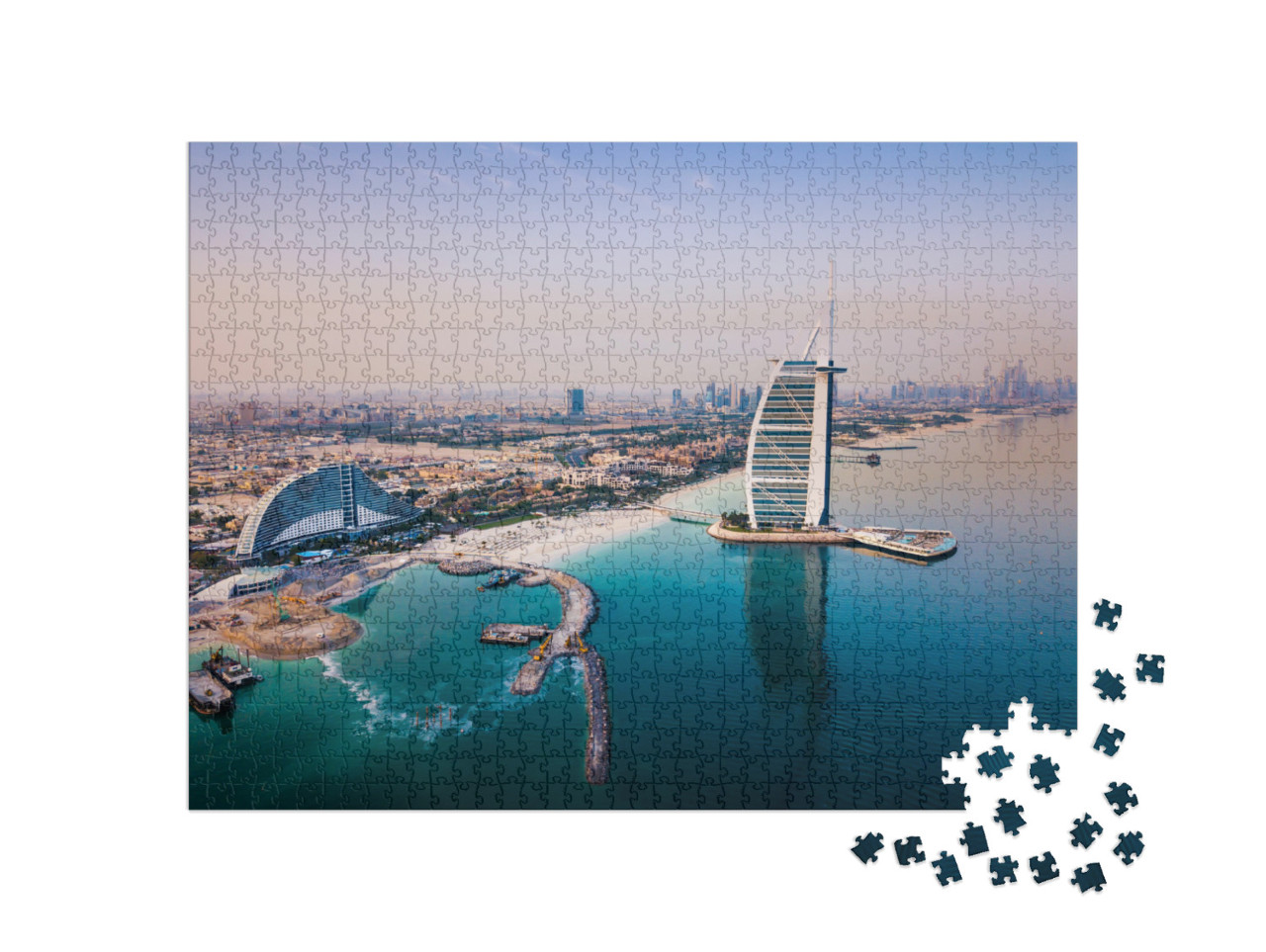 Burj Al Arab Luxury Hotel & Dubai Marina Skyline in the B... Jigsaw Puzzle with 1000 pieces