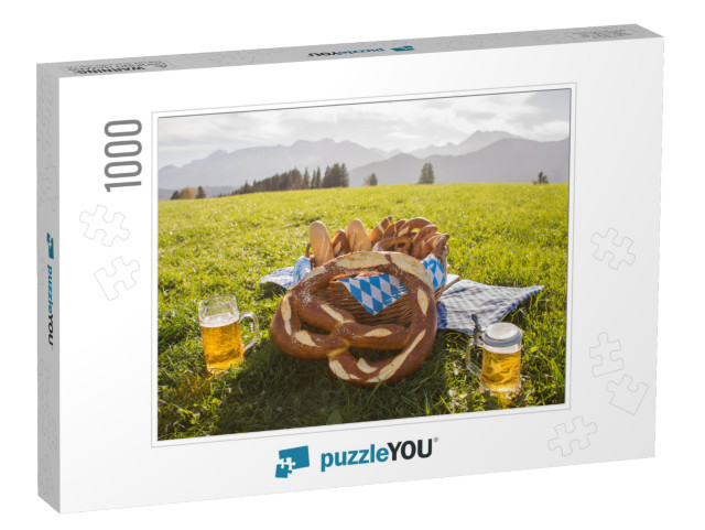 Bavaria Pretzel with Beer. Basket with Pretzels, Beer Mug... Jigsaw Puzzle with 1000 pieces