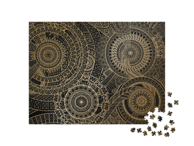 Mandala Movement in Golden Lines on Black Background. Vec... Jigsaw Puzzle with 1000 pieces