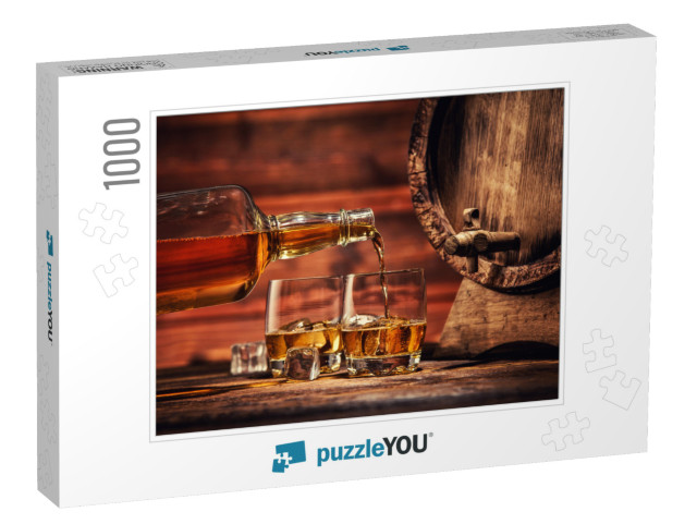 Pouring Whiskey from Bottle to Two Glasses with Ice Cubes... Jigsaw Puzzle with 1000 pieces