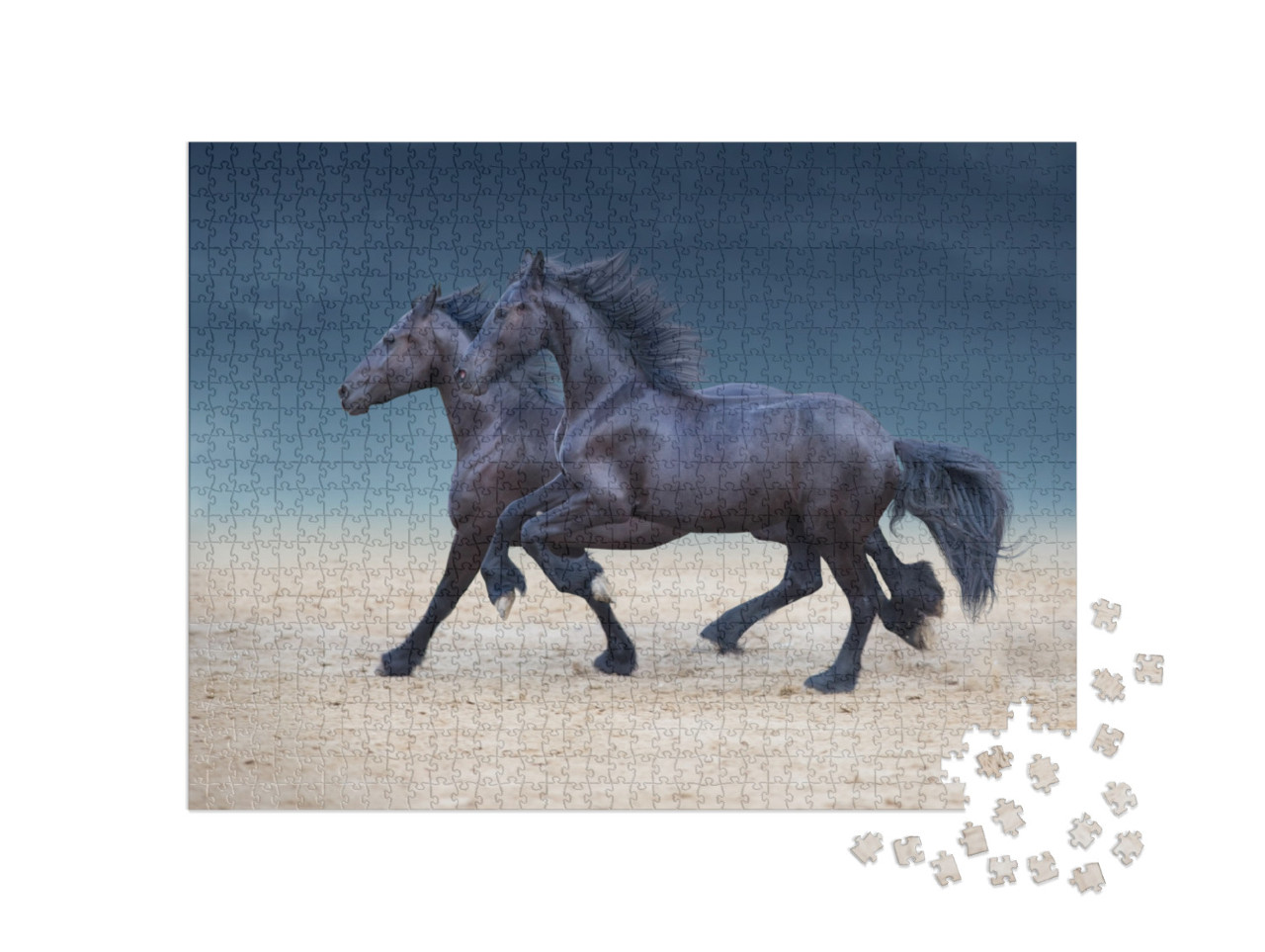 Two Frisian Horses Run Gallop on Desert Dust Against Sky... Jigsaw Puzzle with 1000 pieces