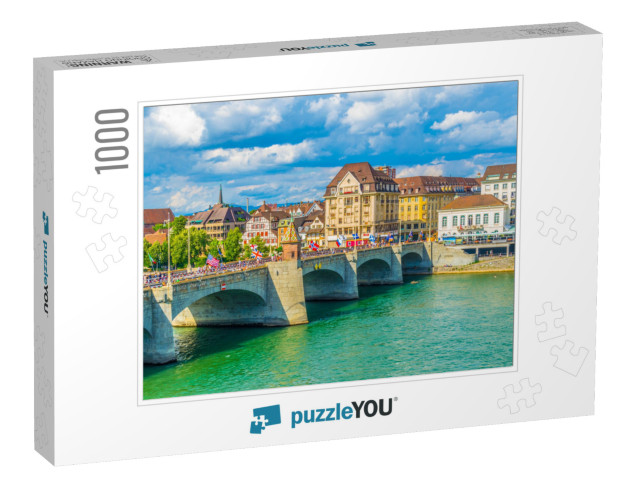 Riverside of Rhine in Basel with Mittlere Brucke, Switzer... Jigsaw Puzzle with 1000 pieces