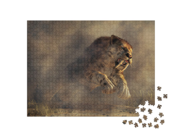 Kicking Up a Spray of Dirt, a Massive Smilodon, a Beast o... Jigsaw Puzzle with 1000 pieces