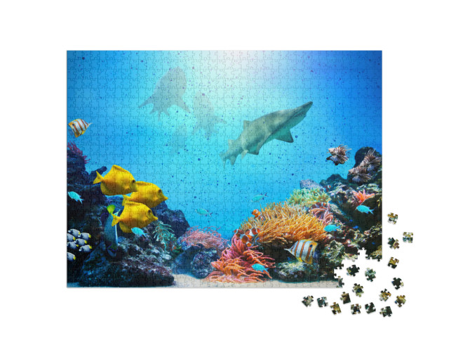 Underwater Scene. Coral Reef, Colorful Fish Groups, Shark... Jigsaw Puzzle with 1000 pieces