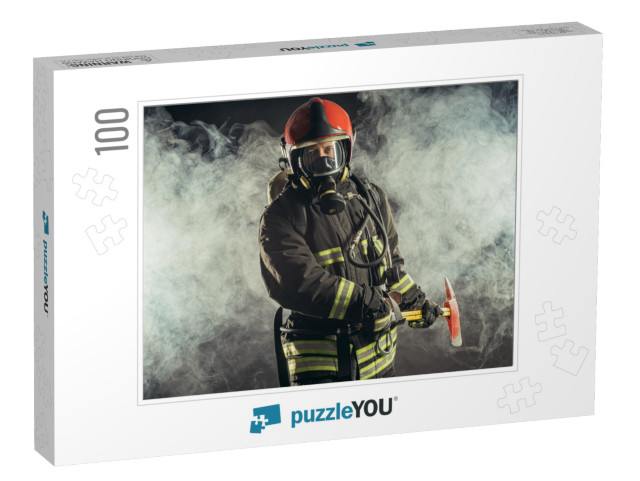 Portrait of Serious & Confident Caucasian Fireman Stand H... Jigsaw Puzzle with 100 pieces