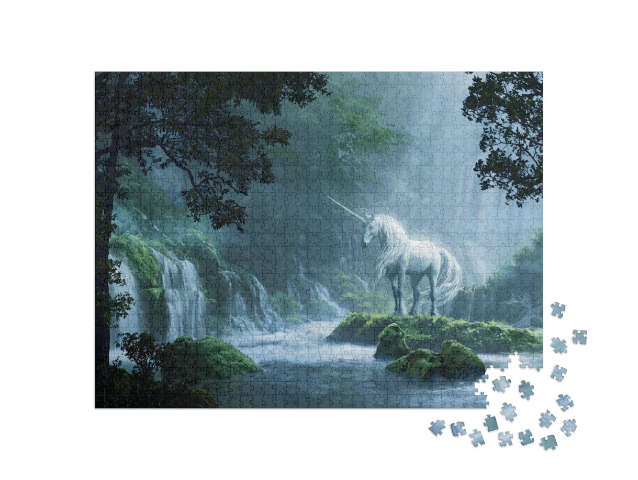 A Beautiful Unicorn in a Magical Forest - Digital Illustr... Jigsaw Puzzle with 1000 pieces