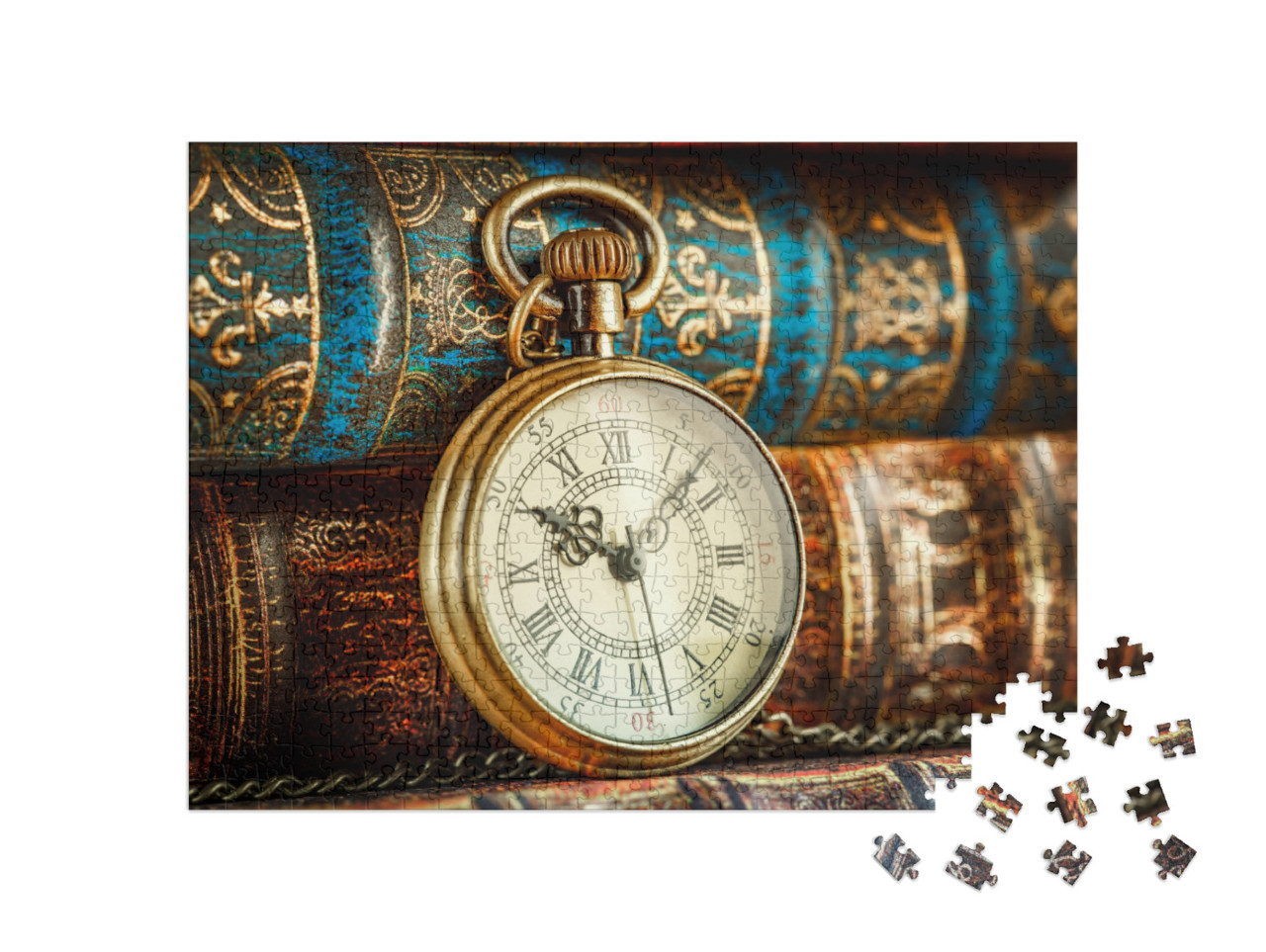 Vintage Antique Pocket Watch on the Background of Old Boo... Jigsaw Puzzle with 500 pieces