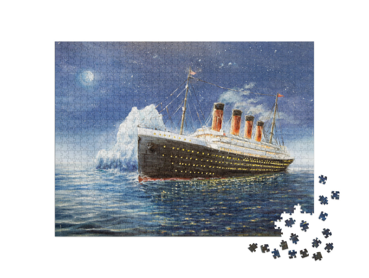 Original Oil Painting of Titanic & Iceberg in Ocean At Ni... Jigsaw Puzzle with 1000 pieces