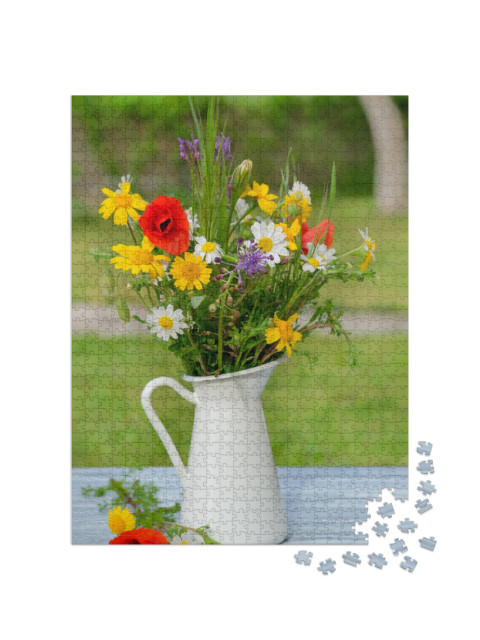 Wild Flower Bouquet in White Jug on Blue Vintage Wooden T... Jigsaw Puzzle with 1000 pieces